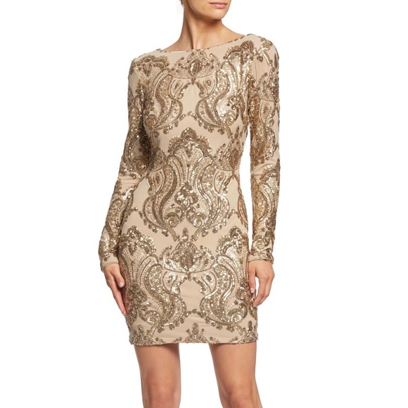 lola light blue and gold sequin long sleeve bodycon dress